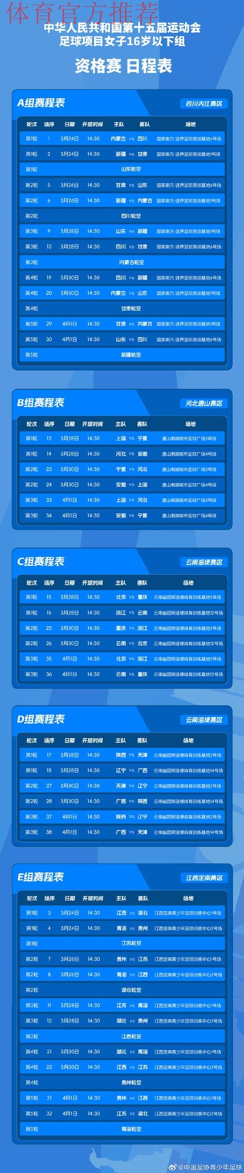 十五运足球4个组别决赛阶段比赛分组出炉  各路劲旅争夺桂冠